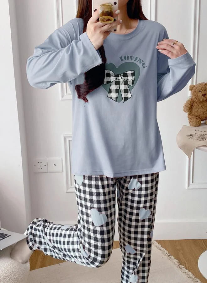 Take Two  Blue Heart Long Sleeve T-Shirt and Checked Pyjama Set for Women | Best Price UAE